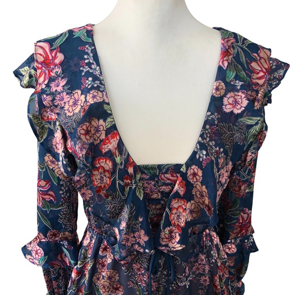 For Love And Lemons Blue Floral Romantic Feminine Silk Blend Mini Dress Sz XS - Picture 7 of 16